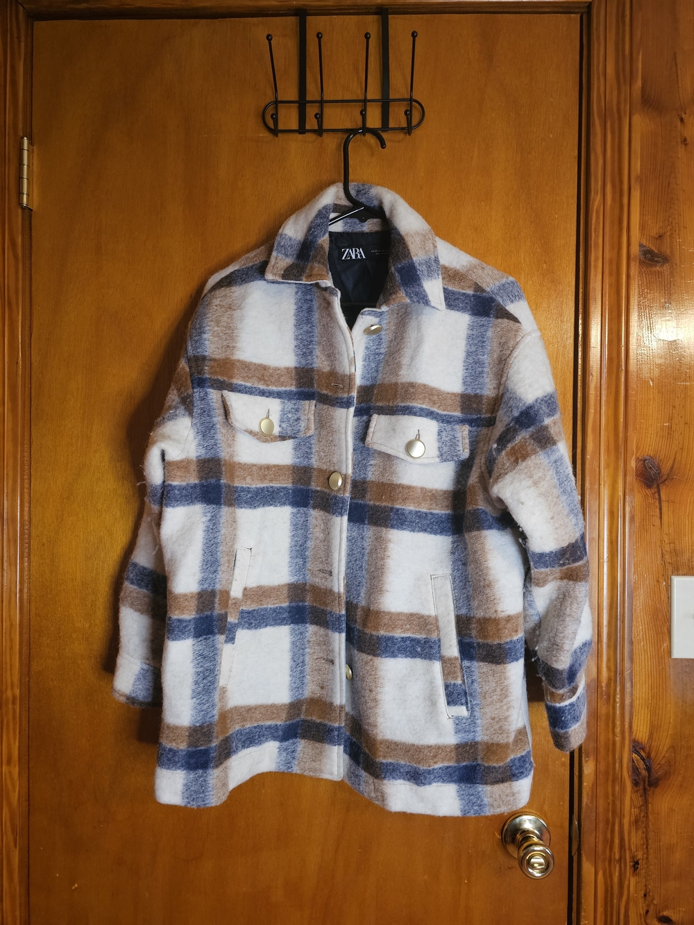 Zara Women's Blue & Brown Plaid Wool-Blend Shacket